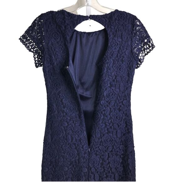 Laundry By Shelli Segal Lace Dress Wns Sz 2 Navy Blue Key Hole Back Short Sleeve - Picture 5 of 7